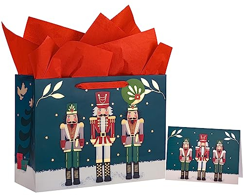 WRAPAHOLIC 13 Christmas Large Gift Bag with Card and Tissue Paper - Red & Green Nutcracker with Gold Foil