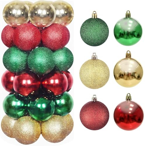 LATERN 30 Pièces Boules de Noël 6CM - Rouge, Vert, Or Ornements Incassables à Suspendre pour l'Arbre de Noël, Vacances, Maison, Fête et Décoration (6 Styles)