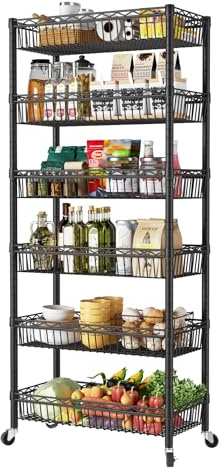 SINGAYE 6 Tier Shelf Wire Shelving Adjustable Storage Shelves Basket Rack | Adjustable Shelves with Wheels Metal Storage Unit Closet Bathroom Organizers Pantry Kitchen Garage Laundry Room Black
