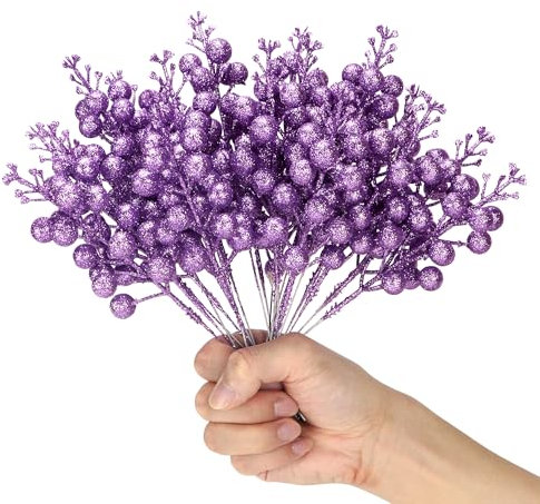 Pack of 16 Christmas Glitter Berry Stem, Artificial Berry Picks Holly Berries Branches for Christmas Tree Decoration Wreath Making Supplies DIY Crafts Holiday Season Winter Home Decor (Light Purple)