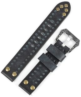 UsmAsk 18mm 20mm 22mm 24mm Vintage Echtes Leder Uhrenarmbänder Niet Leder Uhrenarmband Ersatz Carving Strap Uhren zubehör (Color : Blue, Size : 22mm)