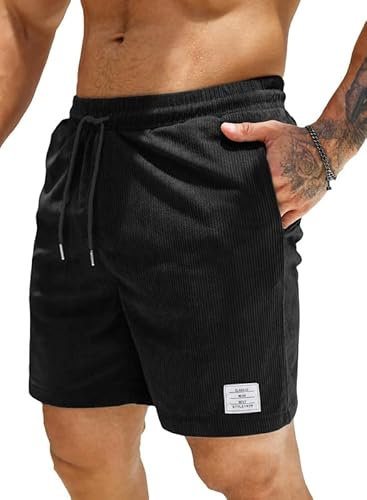 JMIERR Kurze Hosen Herren Shorts Herren Sommer Elastische Taille mit Taschen Corduroy Beach Short Schwarz L