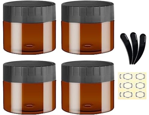 4PCS 120ML Empty Amber Plastic Jars with Black Lids, Alledomain Round Cosmetic Travel Jars Small Sample Jars Containers with Inner Liners for Lip Scrub/Body Butters/Lotion/Cream/Slime/Craft Storage