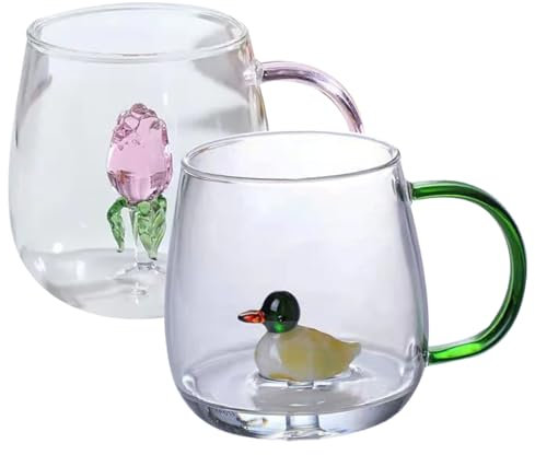 Cute Mug with 3D Animal Inside 2PCS 400ml Glass Coffee Cup with Handle 3D Animal Drinking Glasses Cartoon Glass Teacup for Home Office Tea Juice Milk