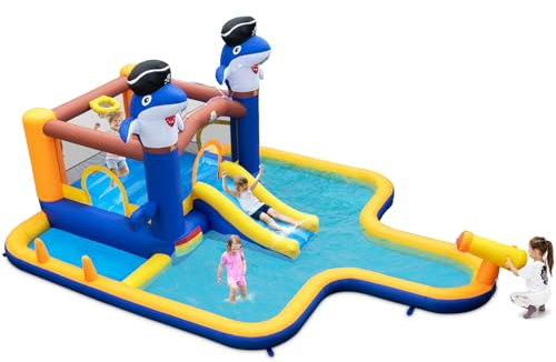 COSTWAY Hüpfburg mit Trocken-/Wasserrutsche, Sprungbereich, Planschbecken, Wasserkanone, Basketballkorb & Boxspiel, Bouncy Castle für Kinder, 578 x 408 x 250 cm
