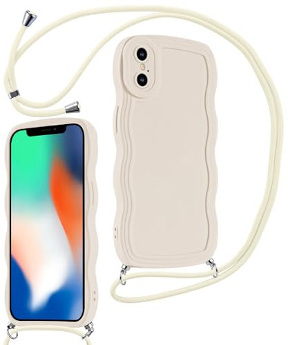 Coalbooliy Coque avec Cordon pour iPhone XS/iPhone X 5,8, Wave Frame Silicone Etui avec Collier Réglable Corde 3D Souple TPU Housse de Protection Bumper Cover pour Femmes Filles, Blanc