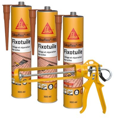 SIKA - Lot de 3x Mastic pour collage et réparation des tuiles - Mastic PU - Terre cuite - 300ml + Pistolet d'application