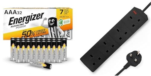 Energizer AAA Batteries, Alkaline Power, Triple A Battery Pack & DESIRETECH Black Electric Extension Lead 4 Gang 2 Metre | 2m Long Cable
