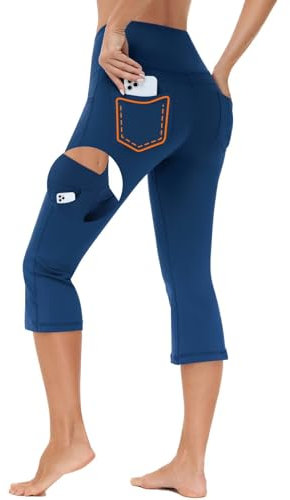 BAYGE Damen Bootcut Yogahose 3/4 V-Crossover Hight Waist Wasserdicht Blickdicht Bauchkontrolle Slim Fit Flared Leggings Sporthose Jeggings Schlaghose Sweathose Arbeitshose mit Taschen, Blau, M