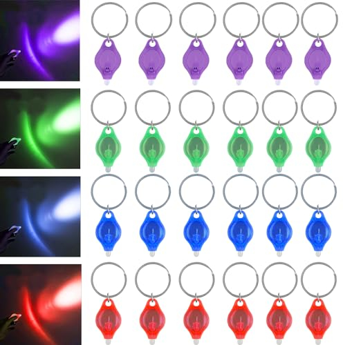 MODOAO Mini linterna LED con llavero, paquete de 24 linternas portátiles ultrabrillantes alimentadas por pilas con llavero, para acampar al aire libre, senderismo e iluminación de emergencia, carcasa