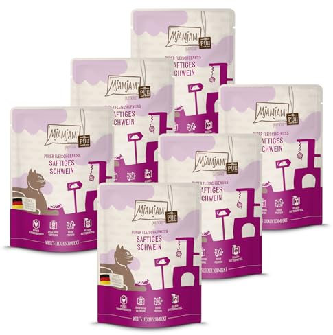 MjAMjAM - Premium Nassfutter für Katzen - Quetschie - saftiges Schwein PUR, 6er Pack (6 x 300g), getreidefrei mit extra viel Fleisch