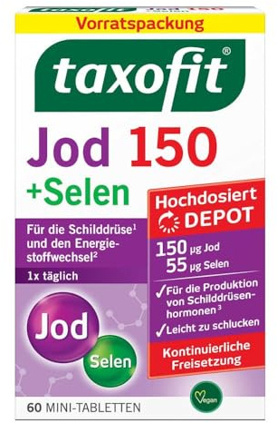 taxofit Jod 150 + Selen | für normale Schilddrüsenfunktion | 60 St | Jod & Selen für die Schilddrüse, Jod für den Energiestoffwechsel, Depot-Tabletten, vegan, glutenfrei, laktosefrei, zuckerfrei