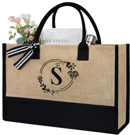 Starnearby Borsa in Juta con Stampa di Lettere A-Z, Tote Naturale Multiuso per Shopping, Scuola, Regali, Spiaggia - Shopper Riutilizzabile da Donna