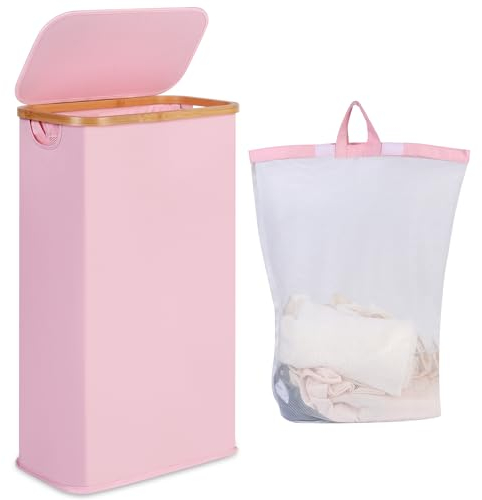 iEGrow Wäschekorb mit Deckel 75L, Wäschekorb Schmal mit herausnehmbarer und waschbarer Innentasche, Wäschesammler Bambus, faltbare Wäschekörbe für Waschküche, Schlafzimmer, Badezimmer (Rosa)