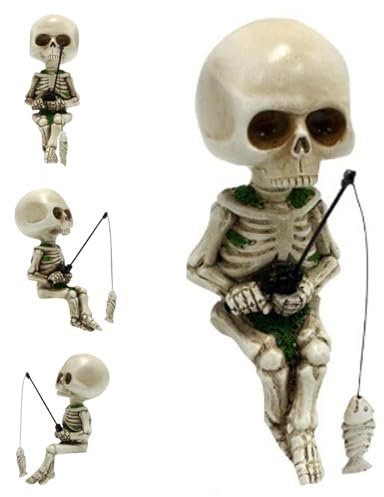 Skeleton Fishing Garden Accessory,Zubehör für Aquarien,Angeln Skelett Statue Halloween Dekorationen, Kreative Ornamente,Halloween Mini Skelett Figuren Statue Dekor,Angeln Skelett Garten Zubehör