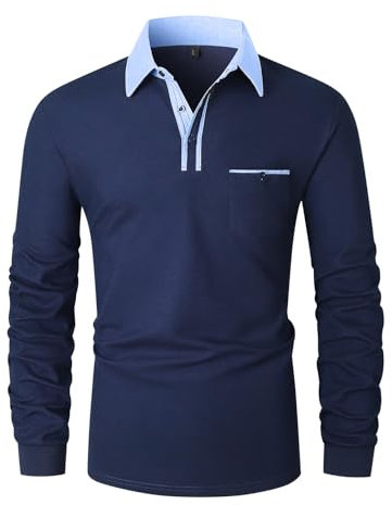 KUNJLELP Men's Long Sleeve Polo Shirt Casual Premium T-Shirt 100% Cotton Golf Casual Collared Tops with Real Pocket,Blue 43,L