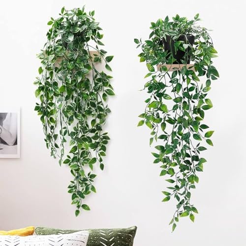 2 Pack Artificial Green Hanging Potted Trailing Plant,Artificial Hanging Plants for Indoor and Outdoor Use, Fake Potted Plants Shelf Wall Decor