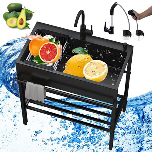 UIOPPOI Edelstahl-Mehrzweckspüle, Schwarze Einzelbecken-Küchenspülen, gewerbliche Gastronomiespüle, stehende Küchenspüle mit Wasserhahn, für Garage, Garten, Restaurant, Werkstatt (80 x 45 x 86 cm)
