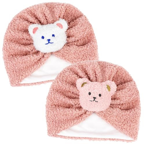 LECTNORE Babymützen und -Kappen, 2 Stück Babymützen für 6–12 Monate, Neugeborenenmütze, süße Turbanmützen mit Bärenmotiv, Winter- und Herbstmütze für Neugeborene, Kleinkinder (Rosa)