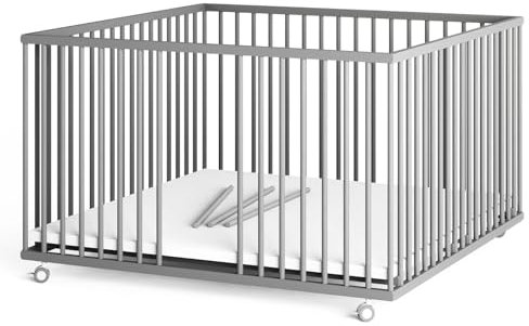 Sämann Laufstall Baby mit Matratze Cloud Air und Schlupfsprossen | TÜV geprüft | stufenlos höhenverstellbar | Laufgitter Premium | Babybett aus Holz | Krabbelgitter (grau, 120x120 cm)