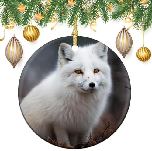 2er Set Keramik Christbaumschmuck zum Aufhängen mit rundem Goldband aus Porzellan, Fuchs-Dekorationen für Christbaumschmuck