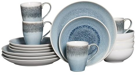 CreaTable, 24301, Serie Caldera Eisblau, 16-teiliges Geschirrset für 4 Personen, Kombiservice aus Steinzeug, spülmaschinen- und mikrowellengeeignet, Qualitätsproduktion
