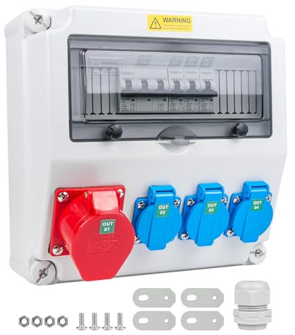 WSPIHO Baustromverteiler 16A mit Leitungsschutzschalter,Wandverteiler mit CEE Steckdose 16A,Starkstrom Steckdose für Verteilerkasten Außenbereich(3×16A 1P LS+1×16A 3P LS)