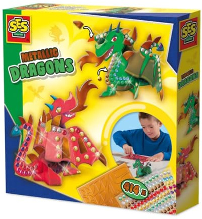 SES Creative 14296 Metallic Dragons - Creative Craft Kit for Kids Aged 5+ - Build Two Colorful Dragons with Paper Construction Parts