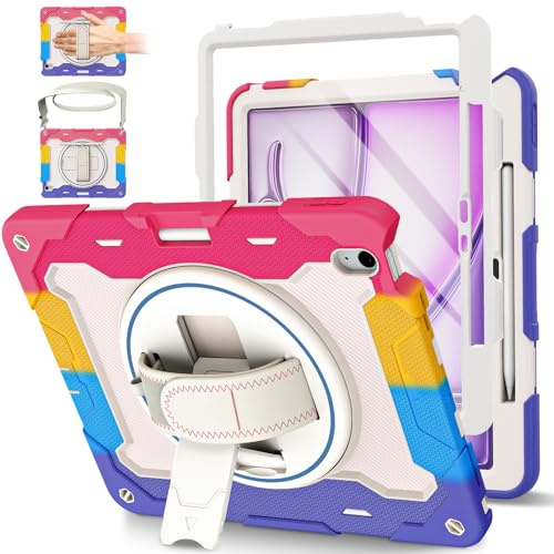 ROSROME for iPad Air 13 Inch Case 2026(M4)/2025(M3)/2024(M2), Pink | with HD Screen Protector, Heavy Duty Shockproof Kids Cover with 360°Rotating Stand/Hand Strap/Shoulder Strap/Pencil Holder
