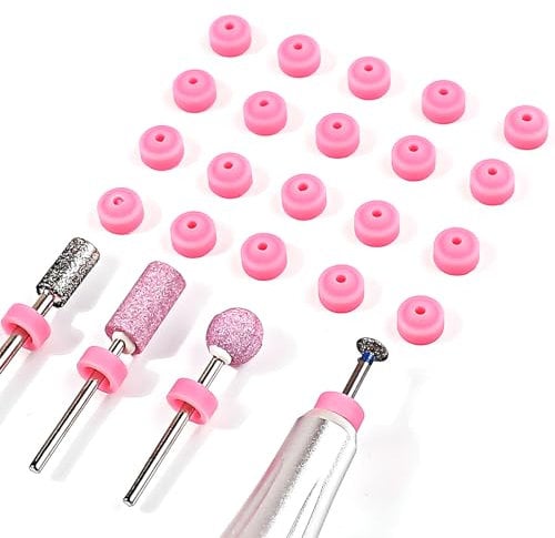 Wjelet 20 Pcs Nail Drill Dust Cover, Nail Drill Bits Caps, Nail Sanding Cap for Nail drill Bits Cuticle, Nail Drill Bit Dust Cover Pink