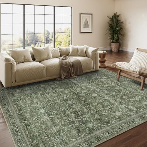 Vintage Grün Waschbarer Teppich Wohnzimmer 140x200cm Retro Rugs for Living Room Weich rutschfest Groß Tepich Kurzflor Schlafzimmer Carpet Living Room Bedroom Esszimmer Teppiche Büro
