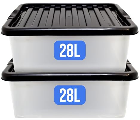 KMJ® 2 Pack-28L Under Bed Storage Box with Lid – Large Plastic Storage Box for Clothes, Shoes, Toys Etc.– Clear Underbed Storage Boxes with Lids – Stackable Storage Boxes Plastic