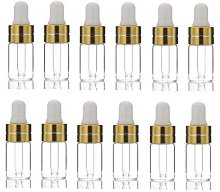 12Pcs 3ML Empty Clear Glass Essential Oil Dropper Bottles with Eye Droppers and White Rubber Head Refillable Sample Perfumes Massage Oils Lotion Liquid Cosmetic Makeup Storage Container Vials Jars