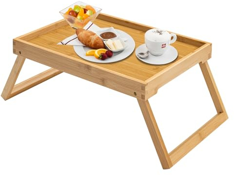Kaukinye Bamboo Bed Tray Table with Foldable Legs, Breakfast Tray (Beige) | Laptop Desk with Folding Legs for Bed or Sofa,Food,Dinner, Serving,TV Table,Kitchen,Eating,Working