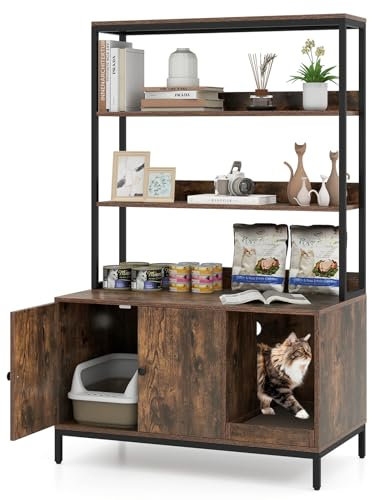 COSTWAY Cat Litter Box Enclosure, Hidden Cats Washroom Furniture with 3-tier Storage Shelves, Removable Scratching Pad, Wooden Cat House Bookshelf (Rustic Brown)