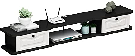 Meuble TV mural avec double tiroir et gestion des câbles - Meuble TV en bois pour placement de routeur - 120 cm - Blanc/noir - Design moderne pour le rangement du salon