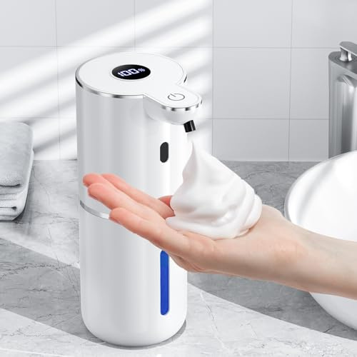 Fachixy Distributeur de savon automatique avec écran numérique, sans contact, montage mural, distributeur de savon de bain, rechargeable, 380 ml, IPX5 étanche distributeur de mousse pour salle de bain
