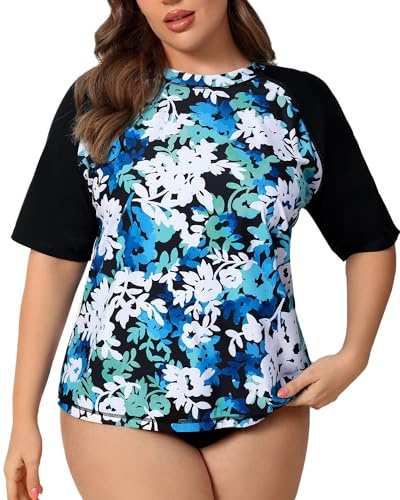 Halcurt Schwimmshirt Damen Übergröße UPF 50+ Rash Guard Kurzarm 1X-4X | Sonnenschutz UV Shirt, Atmungsaktiv, Schnell Trocknend, Nur Schwimmoberteil, Raglan Ärmel, Lockere Passform