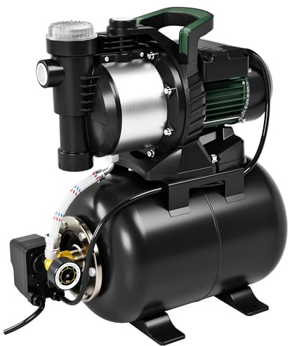 Hauswasserwerk 5000 l/h Fördermenge,1300W, 50 m Förderhöhe | Pumpe zur Hauswasserversorgung mit 19L Tank Manometer, Mit Filter, Wasseranschluss und Ablass