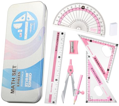 Geometrie Set Zirkel Set Mathematik Set 8-Teilig Geometrieset mit Zirkel Druckbleistift Inkl Ersatzminen Radierer Winkelmesser Geodreieck Lineal und Metallbox für Klassenbedarf und Schule Rosa