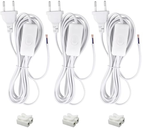 3 Pièces Cordon avec Interrupteur 3M Câble de Connexion avec Euro Fiche | 2 x 0,5 mm², 2 x Câbles de d'alimentation avec Interrupteur pour Lampes, Lampes de Table, lampadaires(Blanc)