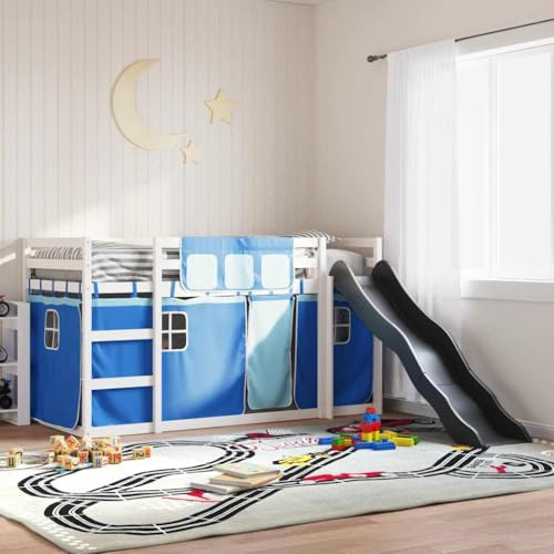 Ordellia Etagenbett aus massivem Kiefernholz, 90x190 cm, mit Rutsche, Absturzsicherung, blauen Vorhängen, für Kinderzimmer, Spielbereich, langlebig, sicher, weiß/anthrazit