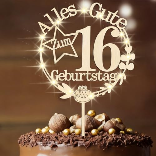 ENLACE Holz Tortendeko 16 Geburtstag Junge Mädchen,Kuchen Deko 16 Geburtstag Junge,Happy 16th Birthday Cake Topper Geburtstagsdeko 16 Jahre Mädchen,LED Sweet 16 Cake Topper 16. Geburtstag Deko