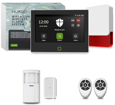Funk Alarmanlage Set Haus mit Alarmsirene, 5000 mAh Backup-Akku, WLAN + GSM 4G | 1x Bewegungsmelder, 1x Tür- & Fenstersensoren | steuerbar über das Smartphone/App – Modell HUXGO HXA700