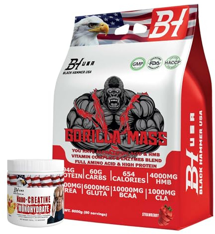 Gorilla Mass Gainer 4kg/8Kg High Calorie Weight Gainer Protein Powder for Muscle Mass & Strength + FREE Nano Fruits – Black Hammer USA (8000g, Erdbeere)