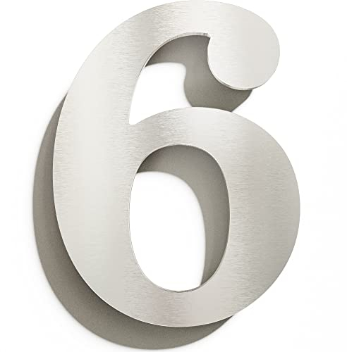 Edelstahl Hausnummer 6 - massiv, wetterfest & rostfrei - 14 cm groß - mit Befestigungsmaterial - Design Hausnummern-Schild gebürstet N-02-6-E