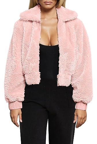 FANCYINN Veste en Fausse Fourrure Courte en Peluche pour Femmes surdimensionné Manteau d'hiver en Fausse Fourrure floue avec Poches pour Femmes Rose XL