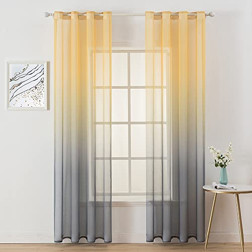 MIULEE Vorhang Gardine 2er Set Voile Vorhänge Sheer Leinenvorhang Deko Ösen transparent Farbverlauf Ösenschal für Wohnzimmer Schlafzimmer Kinderzimmer 140x225 cm (B x H) Gelb und Grau