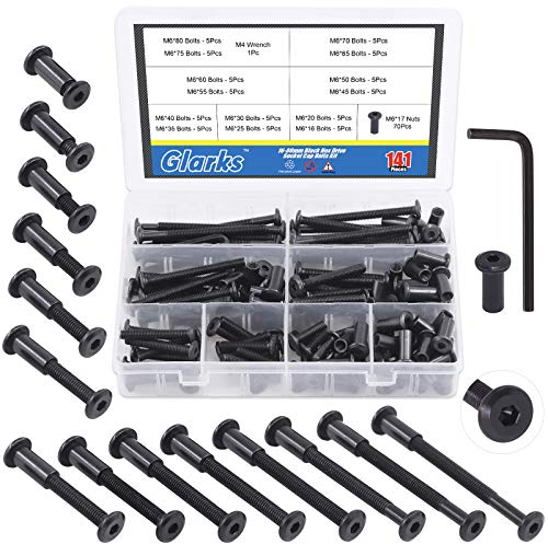 Glarks 141 Stück M6 x 16 20 25 30 35 40 45 50 55 60 65 70 75 80 mm schwarze Innensechskantschrauben-Set, Senkkopfschrauben, Muttern, Schrauben mit einem Inbusschlüssel für Stühle Tischschränke