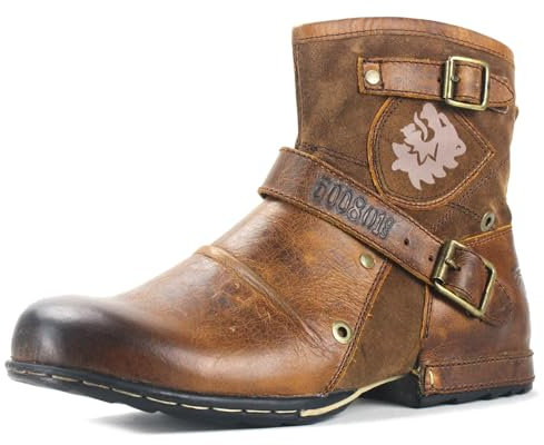 COWSDELLA Stivali da uomo in pelle con suola in gomma Stivali da Moto da Motociclista Cowboy con cerniera Chukka Stivaletti Classico CD-5008-1-E-Brown-10-R